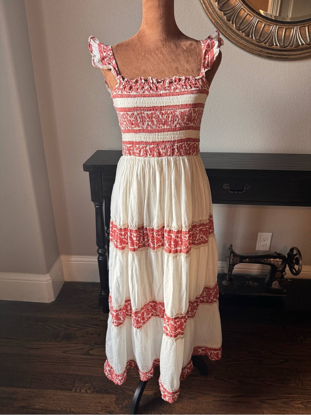 Meadow Rhodes Red Ivory Cotton Smocked Tiered Maxi Dress Boho Cottagecore Small